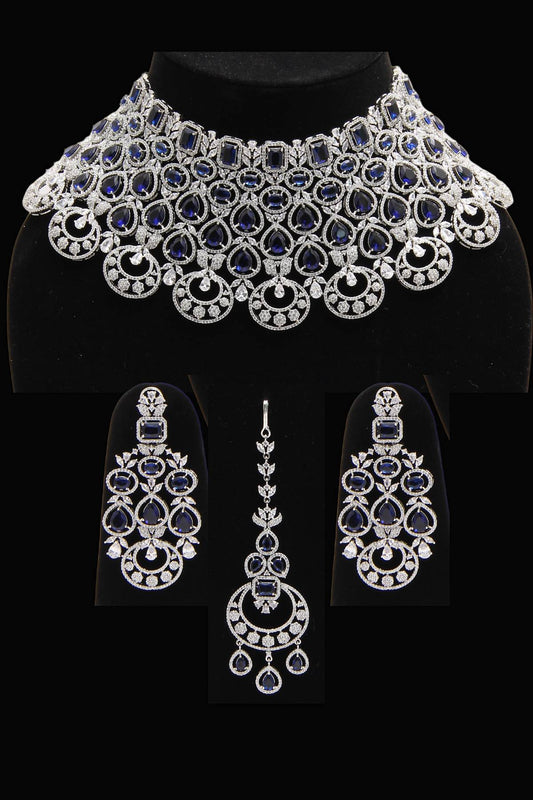 American Diamonds Silver Blue Swarovski Choker Wedding Necklace Jewelry Set - Rent Jewels