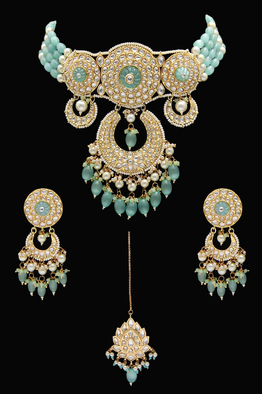 Mint Green Kundan Choker Necklace Jewelry Set - Rent Jewels