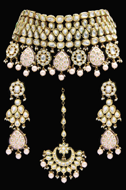 Flexible Neck Hugging Kundan Choker Jewelry Set with Pink Meenakari - Rent Jewels