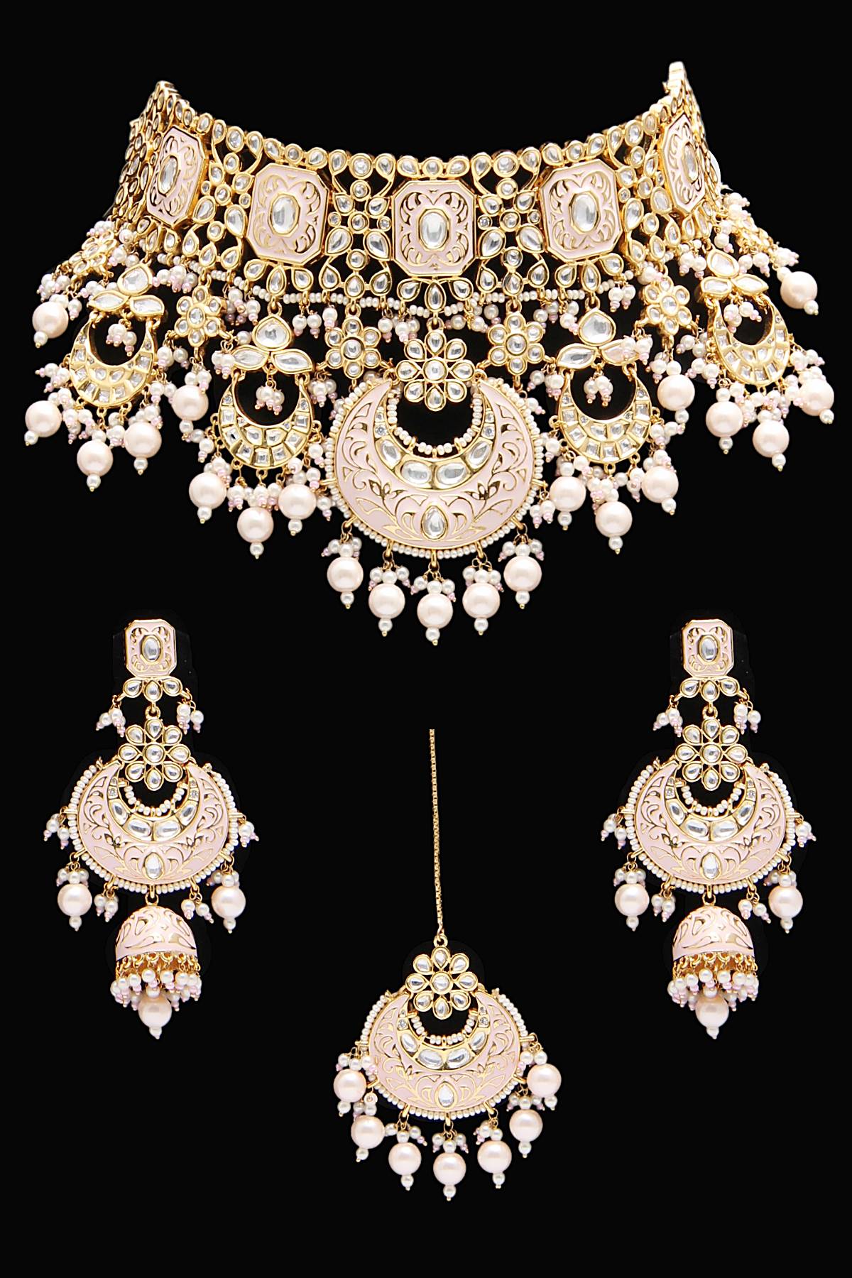 Pink Meena Choker Wedding Engagement Necklace Set on Rent - Rent Jewels