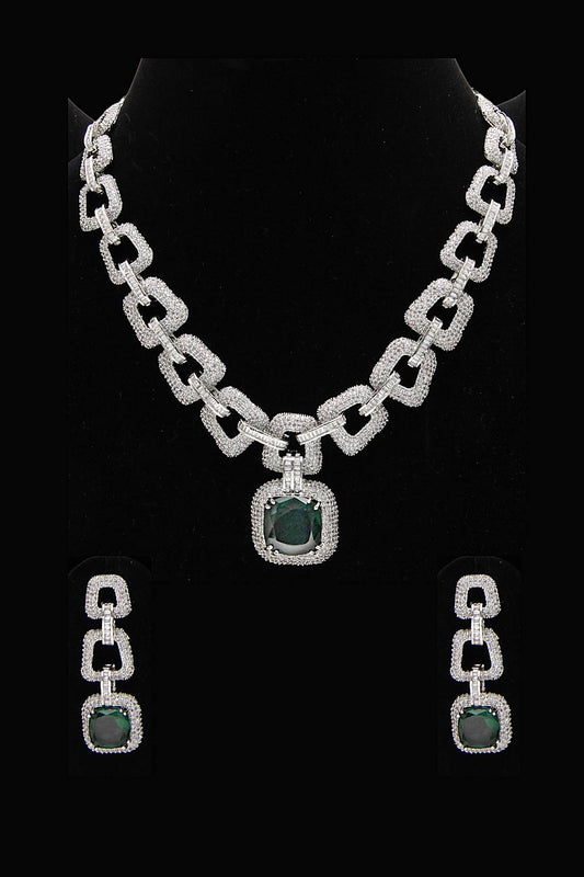 American Diamonds Silver Green Swarovski Long Cocktail Engagement Necklace Set - Rent Jewels