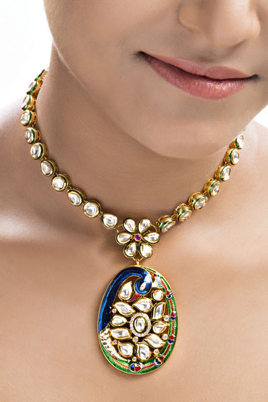 Peacock Inspired Kundan Pendant Necklace Set - Rentjewels