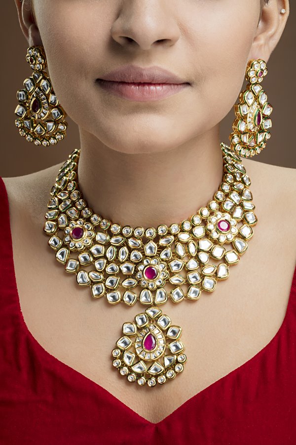 Luxurious Uncut Kundan Ruby Bridal Necklace Set - Rentjewels