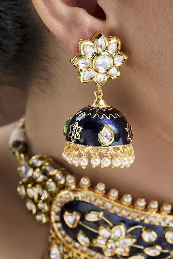 Jadau Kundan Blue Meena Choker Necklace Set - Rentjewels
