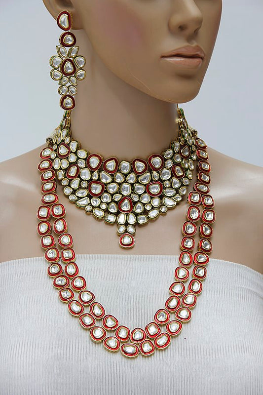 Uncut Polki Kundan Red Meena Bridal Necklace Set - Rent Jewels
