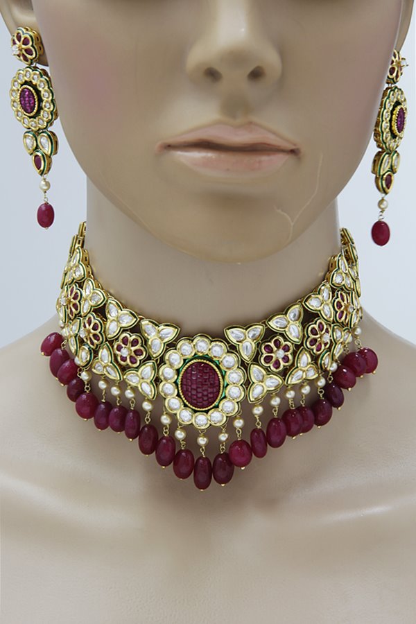 Jadau Kundan Ruby Red Choker Necklace Set - Rent Jewels