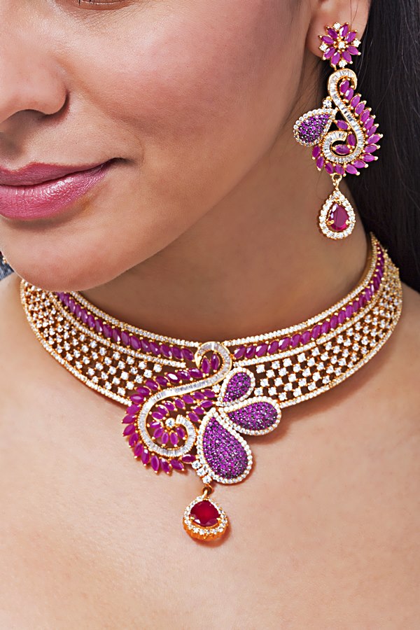 Radiant Signity Diamonds Ruby Red Necklace Set - Rent Jewels