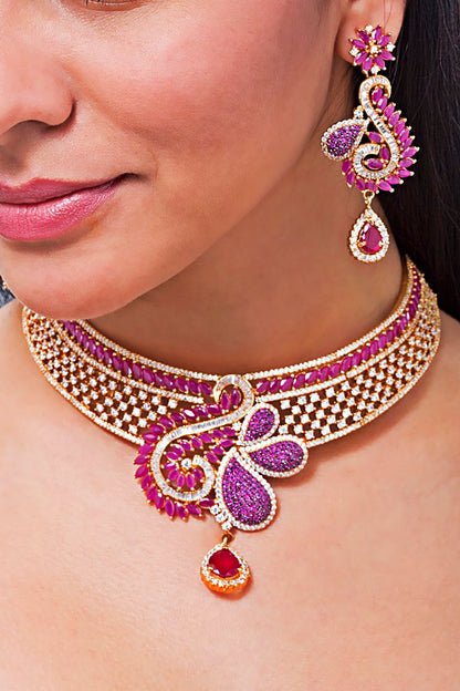 Radiant Signity Diamonds Ruby Red Necklace Set - Rent Jewels