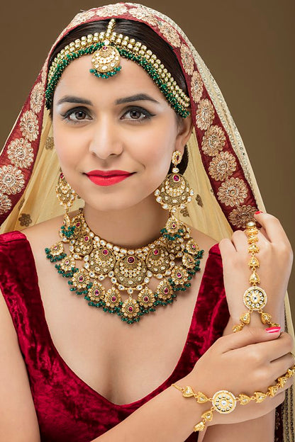Designer Kundan Bridal Green Antique Necklace Set - Rent Jewels