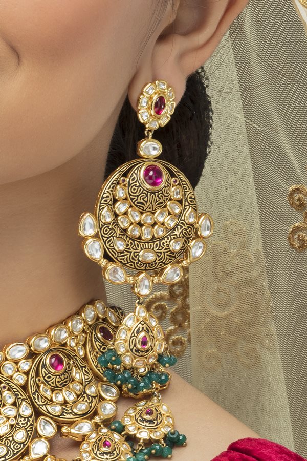 Designer Kundan Bridal Green Antique Necklace Set - Rent Jewels