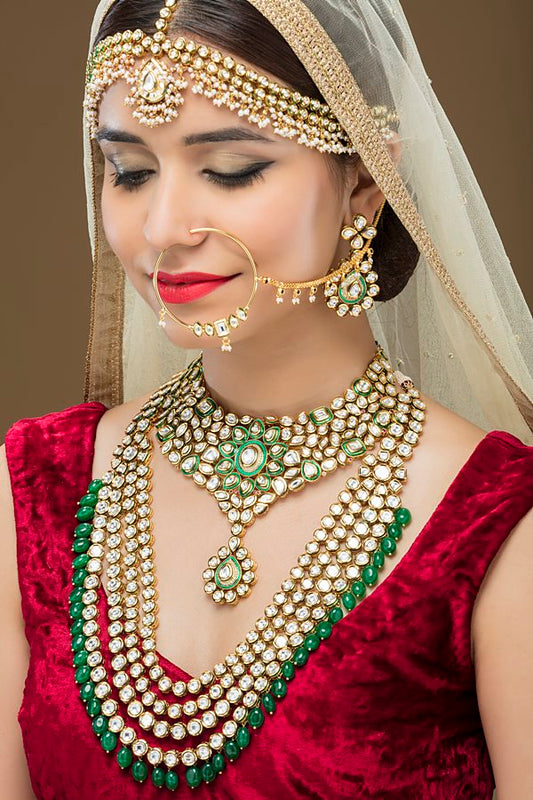 Graceful Polki Kundan Green Meena Bridal Necklace Set - Rent Jewels