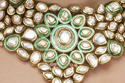 Graceful Polki Kundan Green Meena Bridal Necklace Set - Rent Jewels