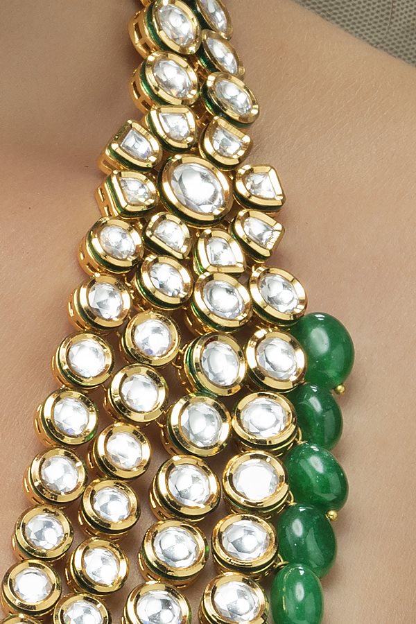 Polki Kundan Emerald Green Opera Long Necklace Set - Rent Jewels