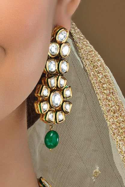 Polki Kundan Emerald Green Opera Long Necklace Set - Rent Jewels