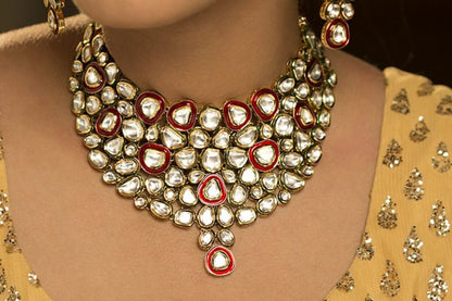 Fine Uncut Kundan Red Meena Necklace Set - Rent Jewels