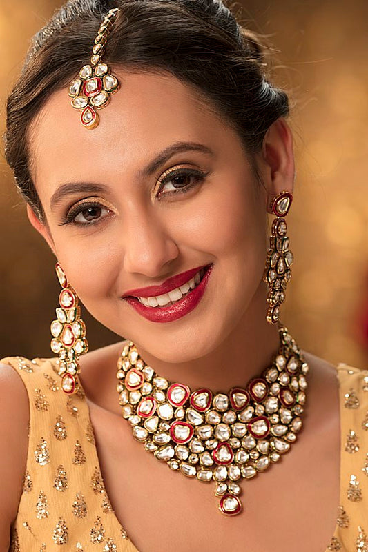 Fine Uncut Kundan Red Meena Necklace Set - Rent Jewels