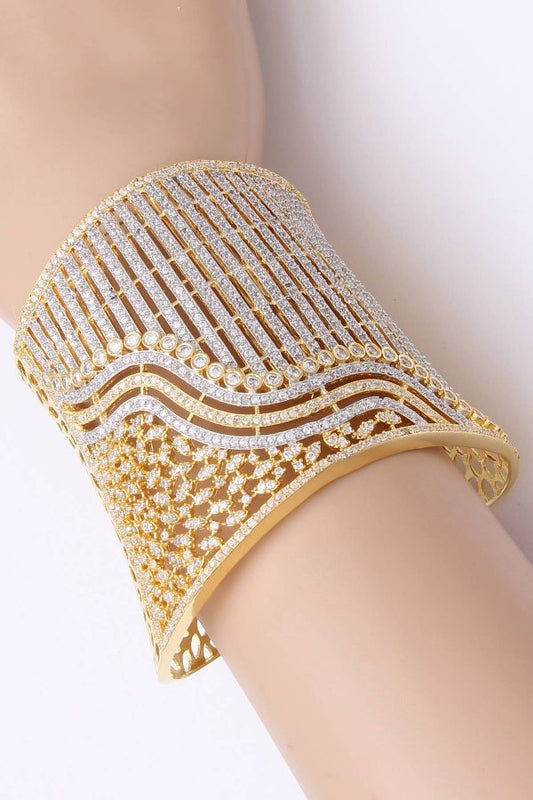 Gold Plated CZ Diamond Band Bracelet Broad Bangle - Rentjewels