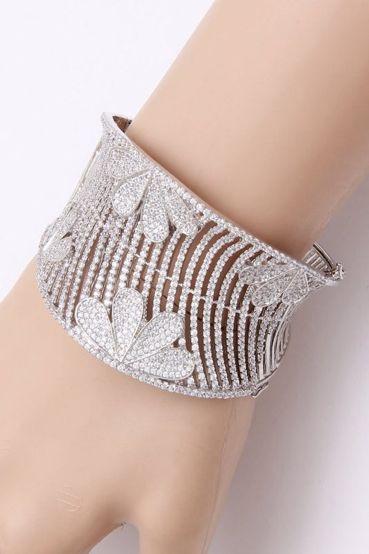 CZ Diamond Silver Band Bracelet Broad Bangle - Rentjewels