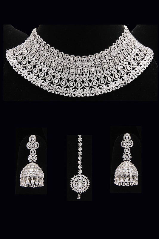 Silver Signity Diamonds Choker Necklace Set - Rent Jewels