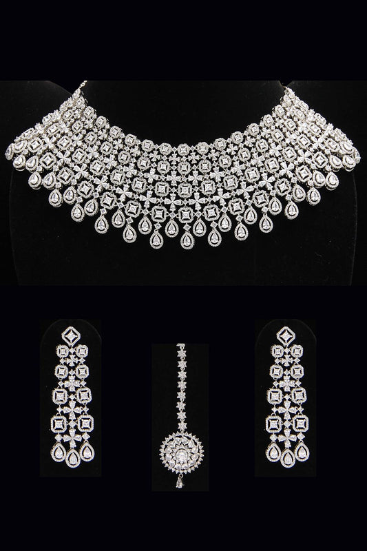 Silver Signity Diamonds CZ Choker Necklace Set - Rent Jewels