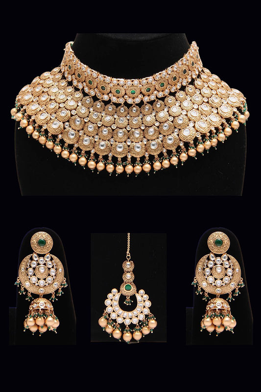 Antique Gold Plated Kundan Bridal Necklace Set - Rent Jewels
