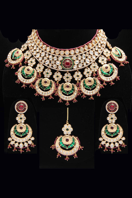 CZ Polki Kundan Red Green Meenakari Bridal Necklace Set - Rent Jewels