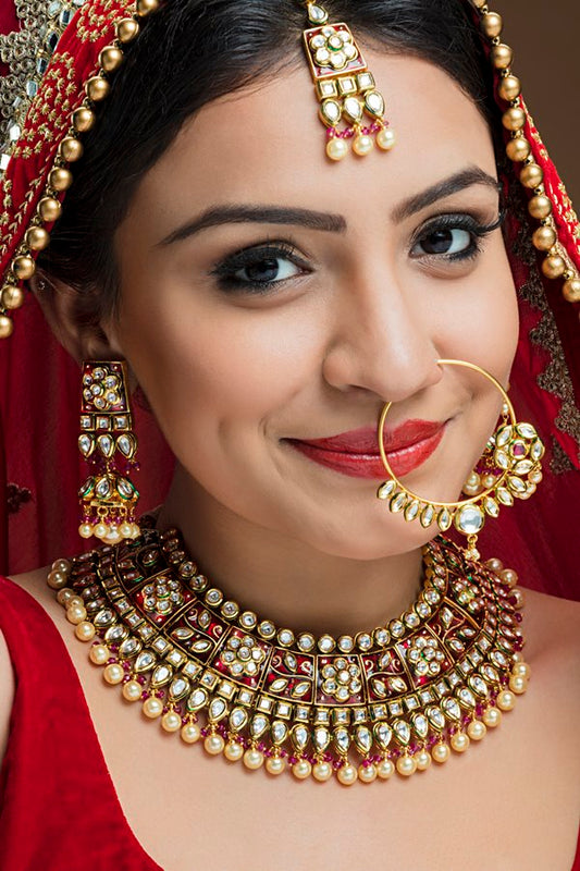 Jadau Kundan Red Meena Choker Bridal Necklace Set Rentjewels