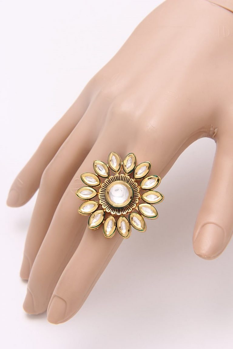 Adjustable Polki Kundan Flower Cocktail Ring - Rent Jewels