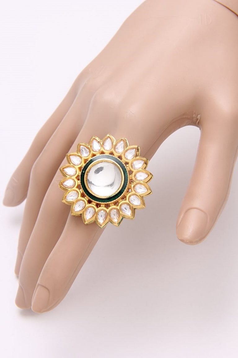 Adjustable Polki Kundan Gold Plated Cocktail Ring - Rent Jewels