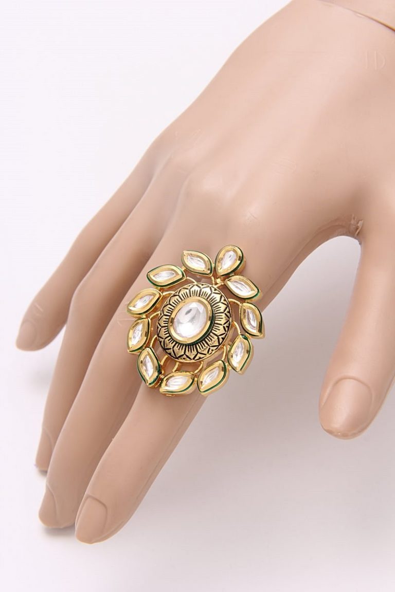 Adjustable Polki Kundan Antique Gold Cocktail Ring - Rent Jewels