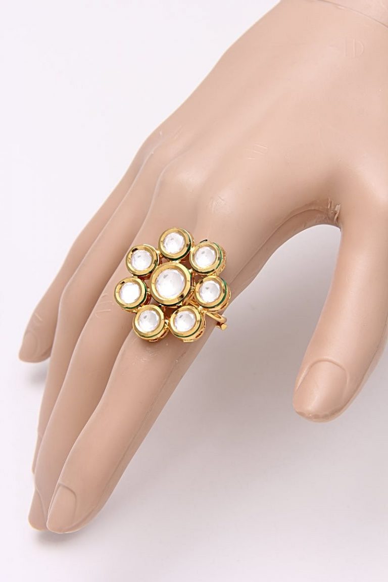 Adjustable Polki Kundan Round Cocktail Ring - Rent Jewels