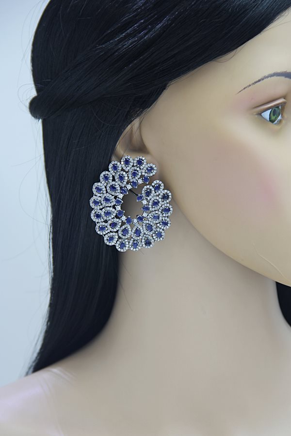 Oxidised Victorian Silver Blue CZ Diamond Earrings - Rent Jewels