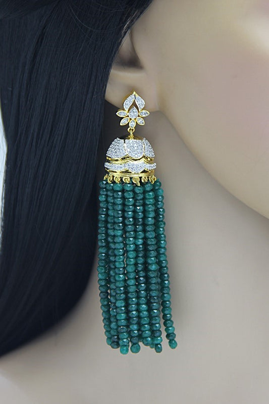 CZ Diamond Emerald Green Jhumka Long Earrings - Rent Jewels