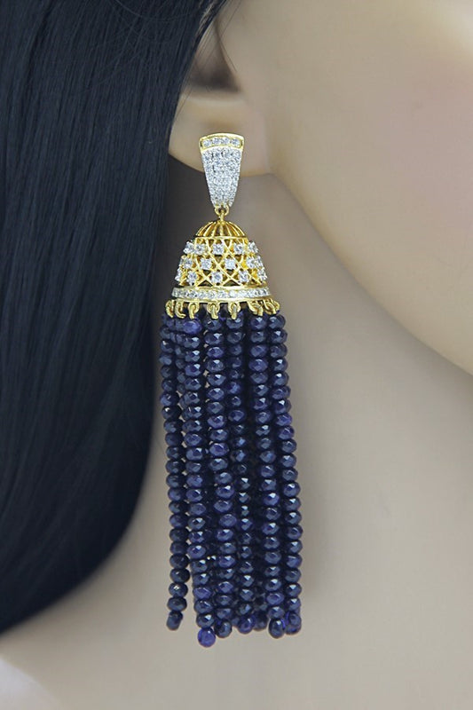 CZ Diamond Sapphire Blue Jhumka Long Earrings - Rent Jewels
