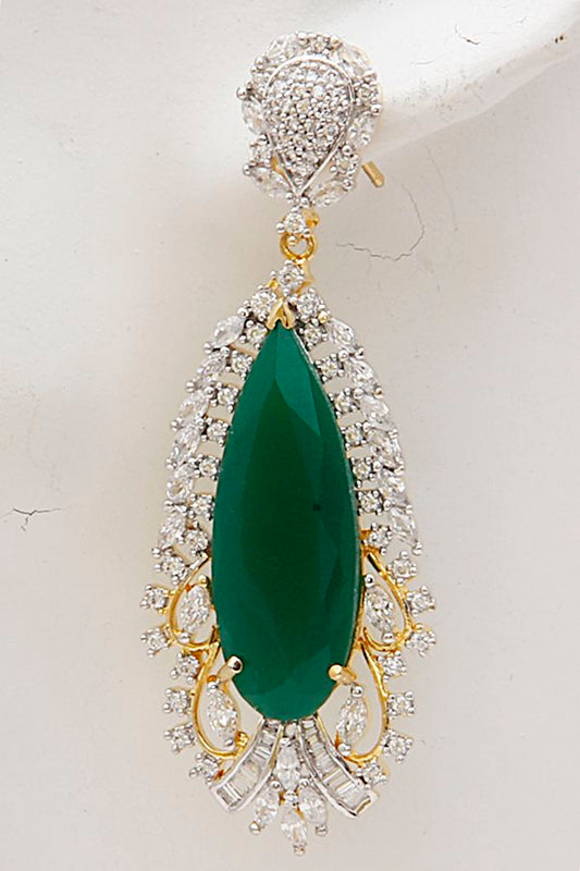 CZ Diamond Long Dangle Green Earrings - Rent Jewels