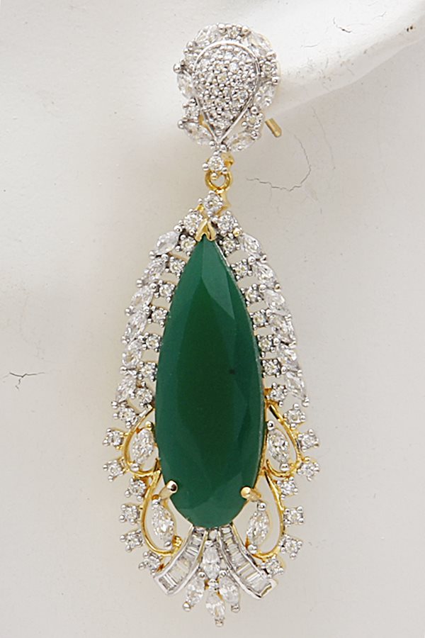 CZ Diamond Long Dangle Green Earrings - Rent Jewels