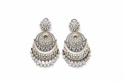 2-Tone Silver Gray Signity Diamond Chandbala Earrings - Rent Jewels