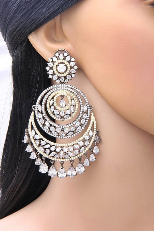 2-Tone Silver Gray Signity Diamond Chandbala Earrings - Rent Jewels