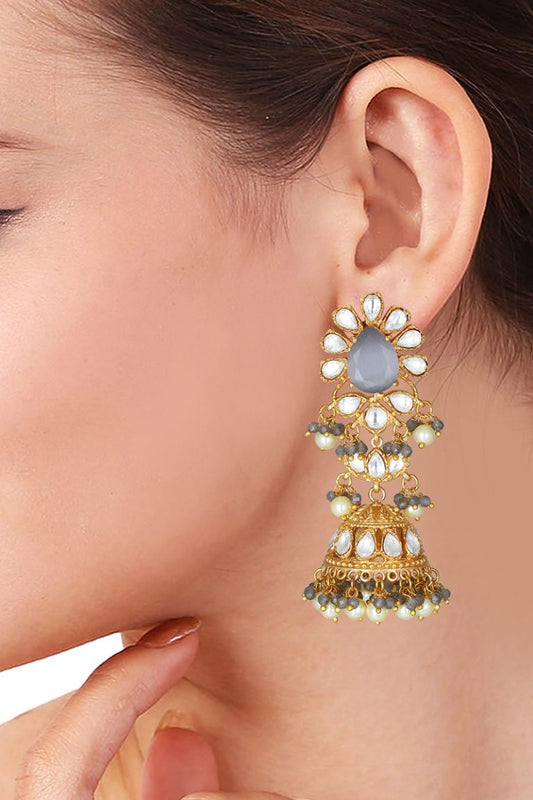 Statement Kundan Gray Antique Gold Jhumka Earrings