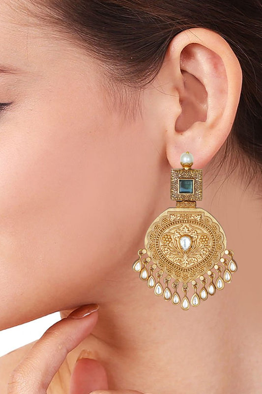 Statement Kundan Antique Gold Plated Blue Earrings - Rentjewels