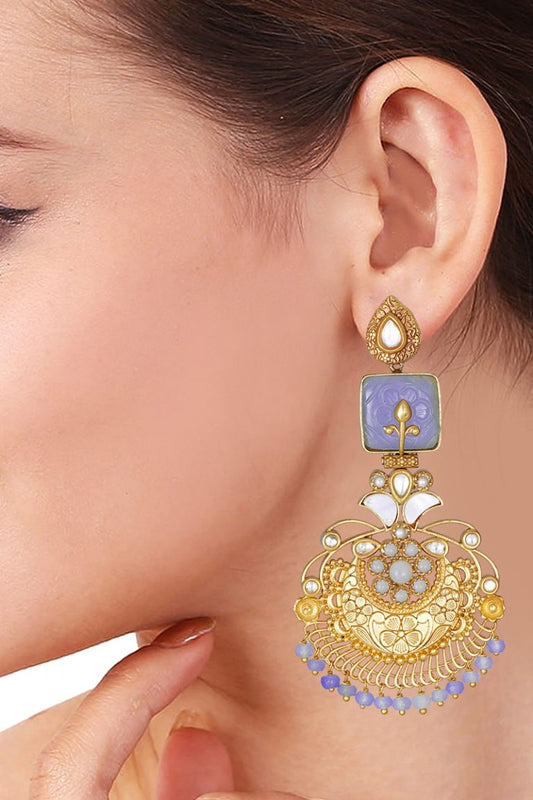Statement Gray Kundan Antique Gold Earrings - Rentjewels