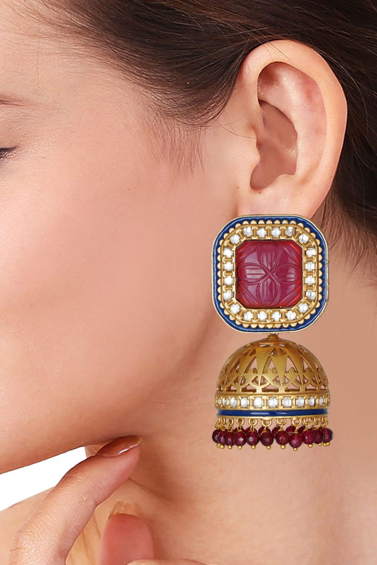 Statement Kundan Antique Gold Red Jhumka Big Earrings - Rentjewels