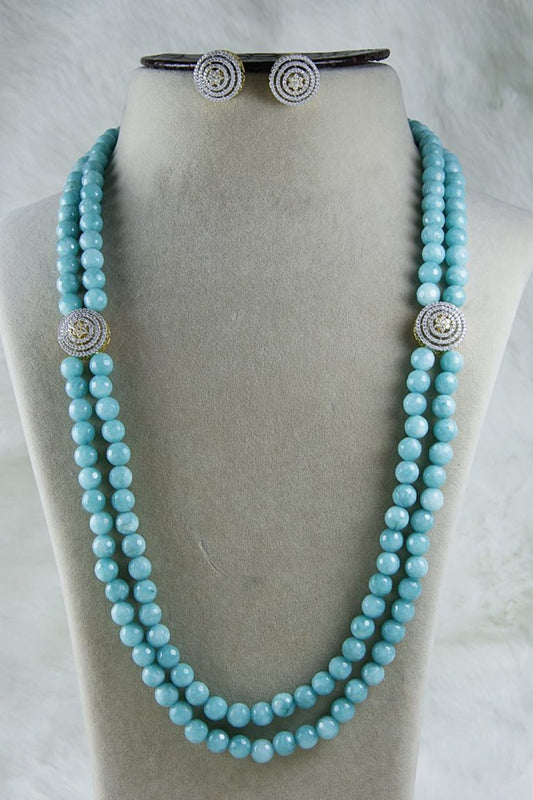 Turquoise Blue Signity Diamonds Long Necklace Set - Rent Jewels