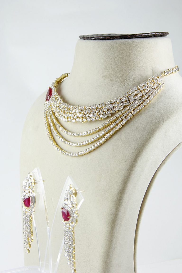 Layered Signity Diamonds Ruby Red Onyx Necklace Set - Rent Jewels