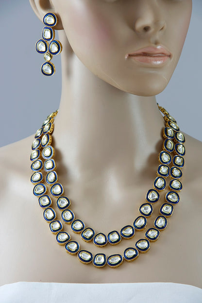 Uncut Polki Kundan Blue Meena Layered Necklace Set - Rent Jewels