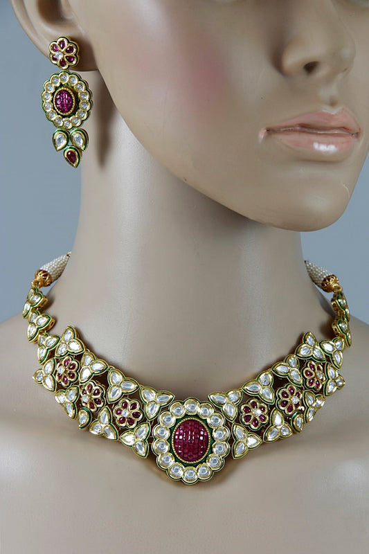 Fine Polki Kundan Ruby Red Necklace Set - Rent Jewels