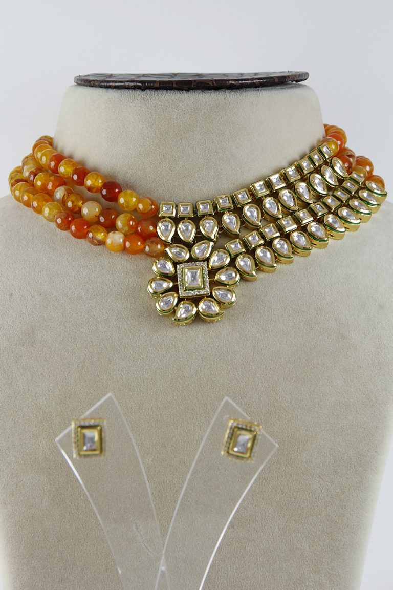 Contemporary Orange Beads Polki Kundan Necklace Set - Rent Jewels