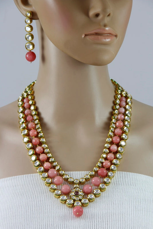 Polki Kundan Pink Layered Long Necklace Set - Rent Jewels