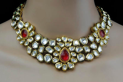 Uncut Kundan Ruby Red Bridal Necklace Set - Rent Jewels