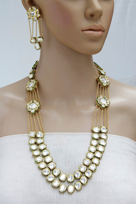 Uncut Kundan Layered Long Necklace Set - Rent Jewels